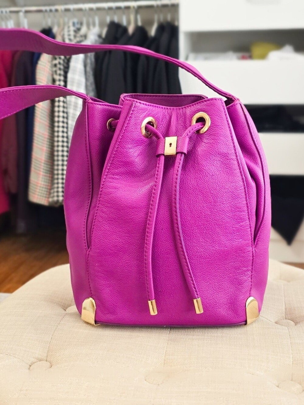 Vince Camuto Women's Fuchsia Genuine  Leather Drawstring Bucket Bag